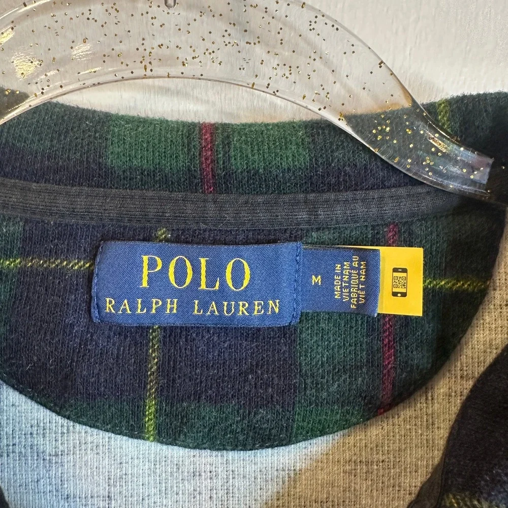 Polo Ralph Lauren Mens Green Navy Plaid Quarter Zip Cotton Pullover Sweater M
